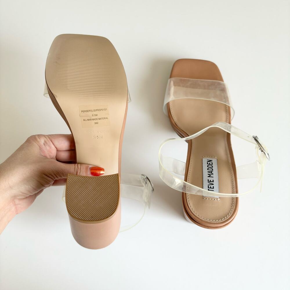 Steve Madden Women’s Persepoliss Beige Clear Strap Block Heel Sandals Size 9.5 - Picture 6 of 6